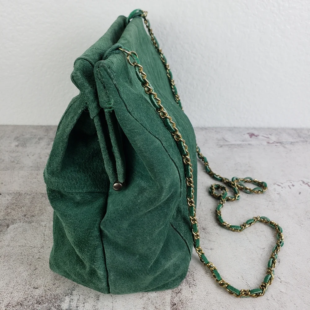 Vintage Suede Leather Purse Bag Emerald Green Crossbody Big Mouth Chain Strap